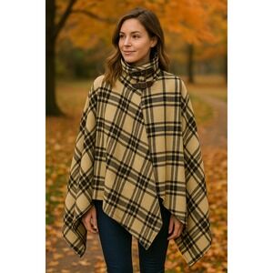 Ralph Lauren Coll Purple Label Angora Cashmere Wool Plaid Cape Poncho‎ Shawl OS